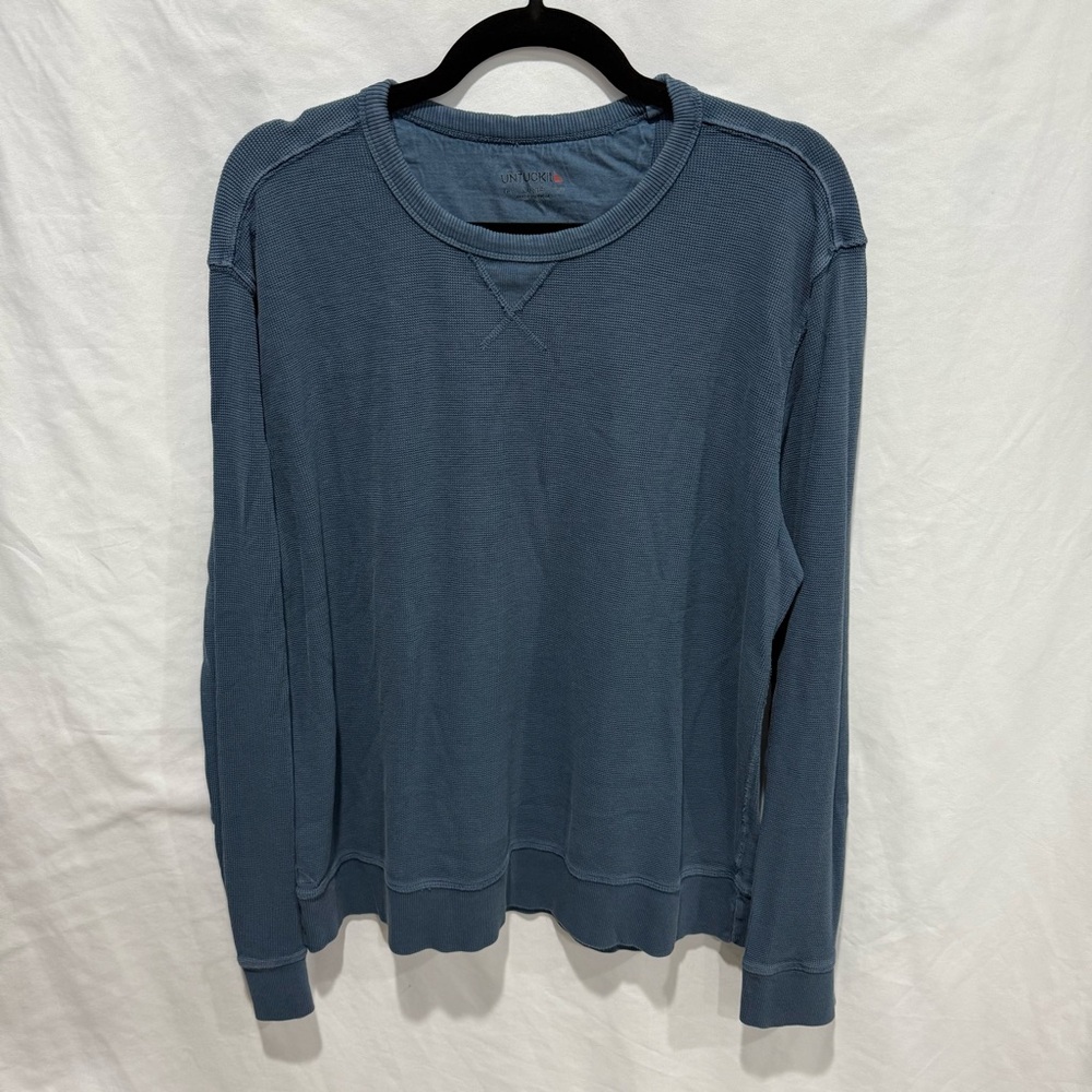 UNTUCKit Men’s Ezra Long Sleeve Waffle Knit Crewneck Blue Large 100% Pima Cotton